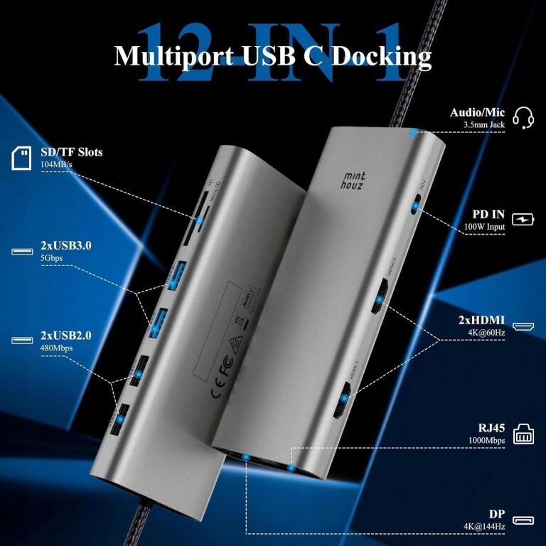 Stacja dokująca 12w1 hub USB C Dell/HP/MacBook 4K@144Hz 2×HDMI 4×USB 6728 (2)