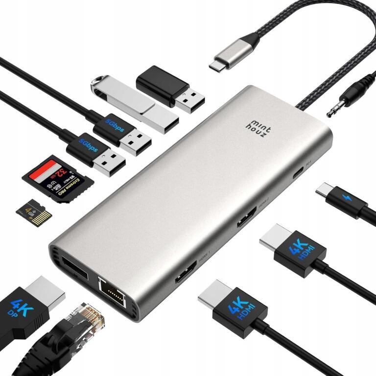 Stacja dokująca 12w1 hub USB C Dell/HP/MacBook 4K@144Hz 2×HDMI 4×USB 6728